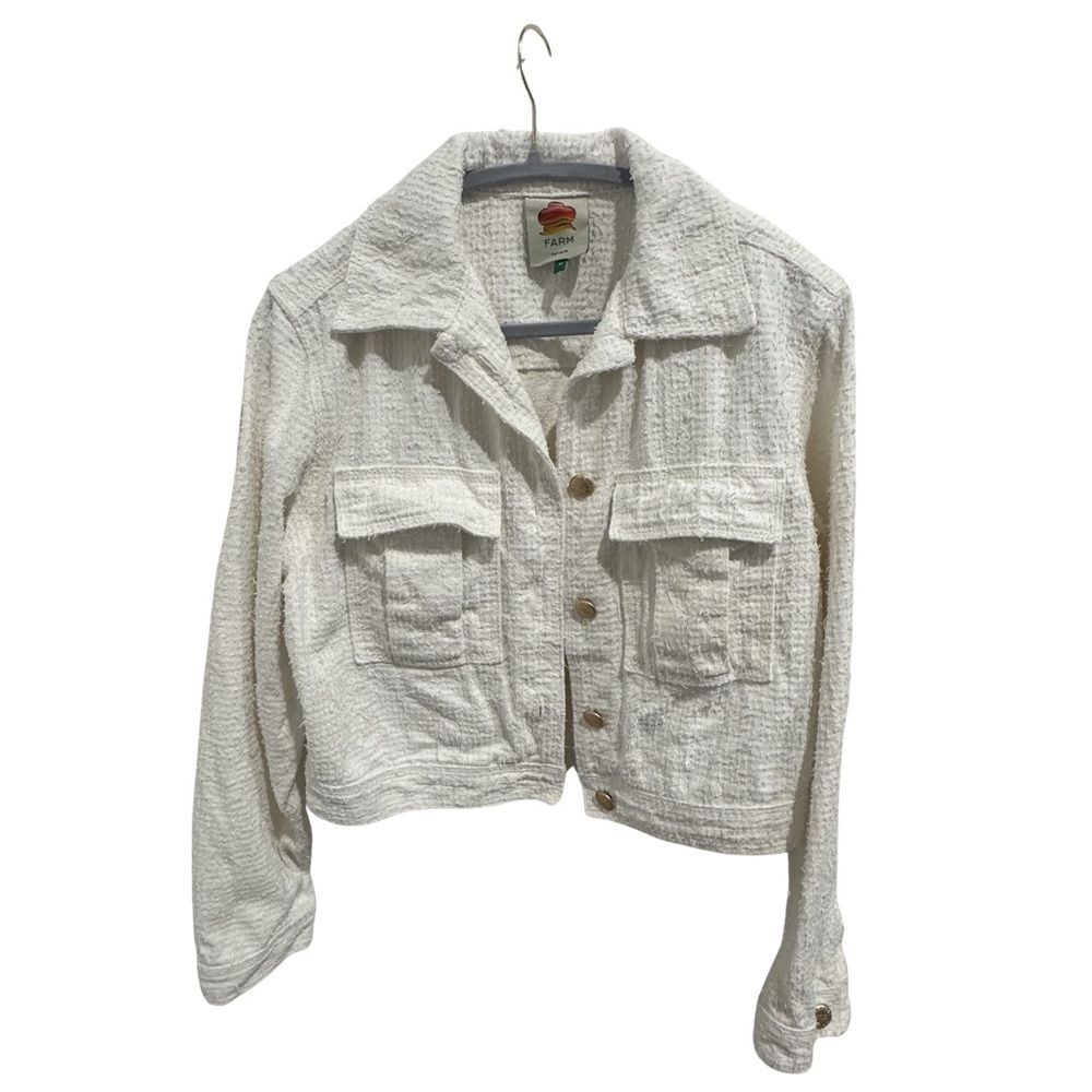 FARM Rio White Tweed Crop Jacket Textured Cotton Gold Button Coastal Boho Size M - Picture 3 of 10